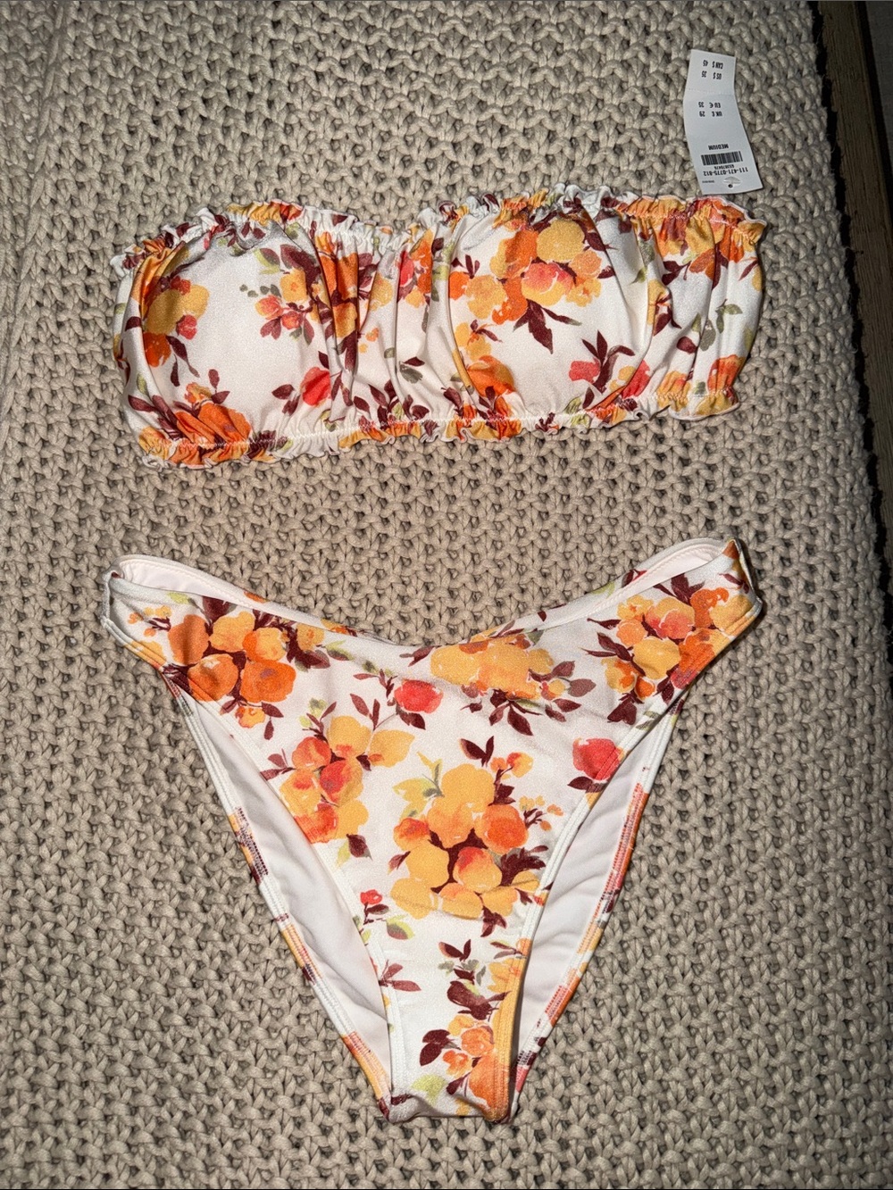 Abercrombie & Fitch White Bandeau Bikini with Orange Floral Print